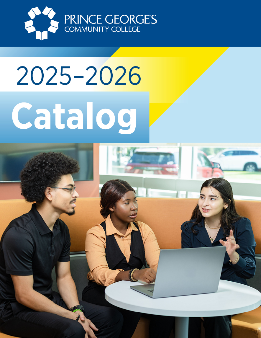 The Prince George’s 社区 College 2025-2026 Catalog cover featuring three people around a laptop.