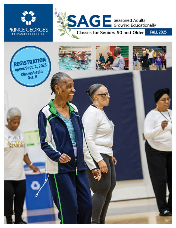 A cover for the Prince George's 社区 College SAGE program, featuring older adults in a fitness class.